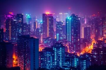 Fototapeta premium Vibrant Nighttime Cityscape with Colorful Illuminated Skyscrapers in the Heart of the Bustling Metropolis