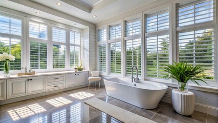 Modern bathroom featuring white plantation shutters on expansive windows, allowing natural light to filter in, creating a bright and airy ambiance with sleek fixtures.