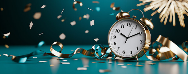 New Years Eve clock with festive decorations, confetti, and streamers creating celebratory atmosphere. Perfect for welcoming new year!