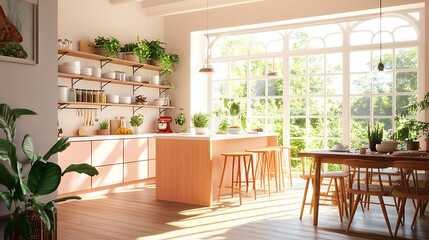 Fototapeta premium A bright and airy kitchen with large windows, wooden floors, a pink island, and a dining table.