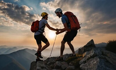 Mountains climbers help each other to reach top of the mountain