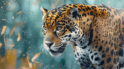 Obraz premium A tight shot of a leopard against a hazy backdrop, birds in flight precede