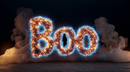 Glowing Boo text with spooky ghost silhouette creates festive atmosphere perfect for Halloween. vibrant colors and ethereal smoke enhance eerie vibe