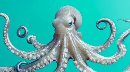 Obraz premium A tight shot of an octopus against a backdrop of blue and green, featuring a white octopus centered within the picture