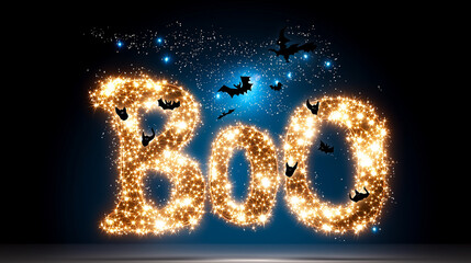 Glowing Boo text with sparkling lights and flying bats creates magical Halloween atmosphere. Perfect for festive decorations and spooky celebrations