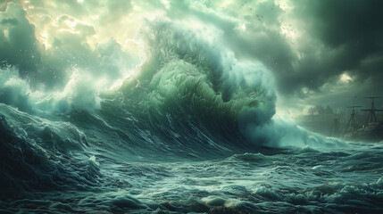 A massive wave frozen in time, as though paused mid-crash, with water droplets suspended in the air, creating a moment of awe and stillness.