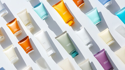 A flat lay of colorful tubes of hand cream laid out in a diagonal pattern on a white background.