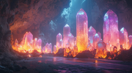 Fototapeta premium Glowing crystals emerging from a cave floor, radiating vibrant colors and casting light on the cave walls, creating an otherworldly subterranean scene.