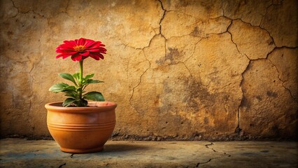 A crimson flower blooms in a cracked, red clay pot on a worn, earthy background, abandonment, aged, red