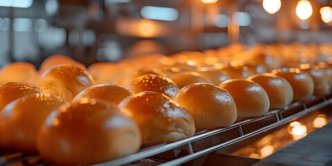 Freshly baked golden burger buns on industrial conveyor belt in confectionery bakery food factory, mass production of bread concept