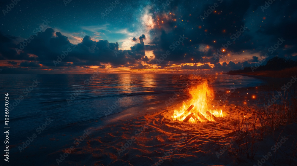 Sticker nighttime bonfire on a beach, with starry skies above and glowing embers lighting up the sand, creat