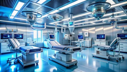 Naklejka premium A state-of-the-art hospital room filled with futuristic medical equipment, sleek machinery, and high-tech gadgets, symbolizing the advancement of medical technology and innovation.