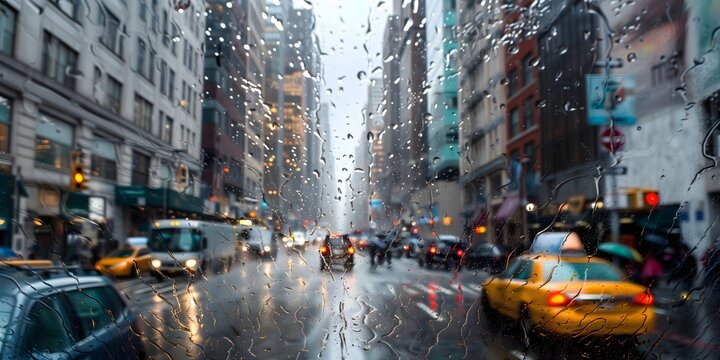Fototapeta Rainy day in New York City yellow taxi cabs and blurred pedestrians seen through rain covered car window water droplets