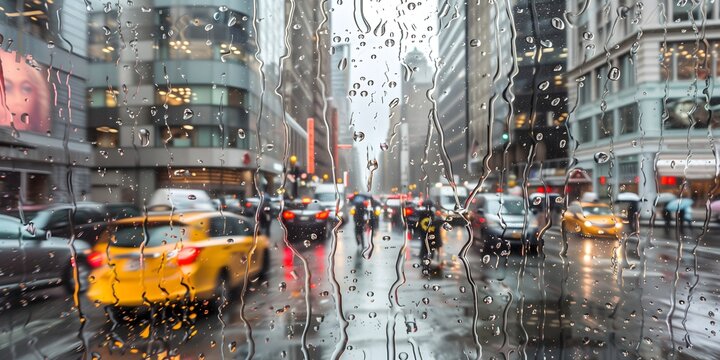 Fototapeta Rainy day in New York City yellow taxi cabs and blurred pedestrians seen through rain covered car window water droplets