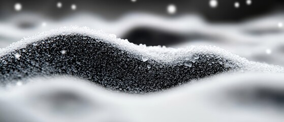  A monochrome image of a snow-capped hill, adorned with snowflakes at its peak and base