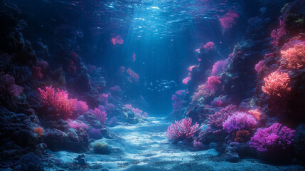 Glowing underwater cave with bioluminescent coral, where strange marine life swims through an ethereal, dreamlike ocean world.