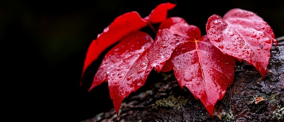  A red leaf's close-up on a tree trunk, adorned with water droplets on leaves and bark