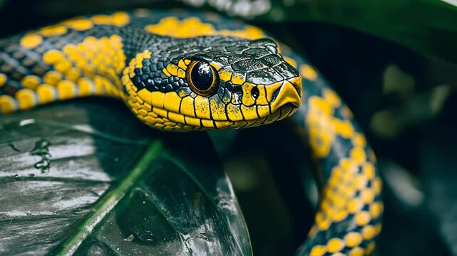 A yellow and black snake rests on a green leaf, its head turned slightly towards the camera