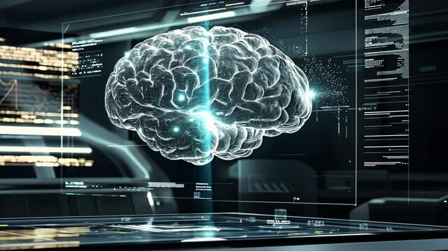 A digital brain model floats above a computer screen in a futuristic laboratory