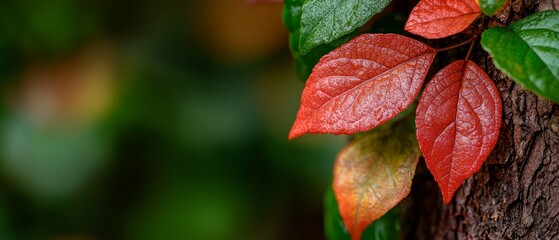  A tight shot of a tree with red and green leaves intermixed on its bark, along with distinct green foliage