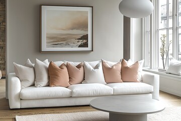 Minimalist, contemporary Scandinavian interiors in the living room with art frames hanging on the wall and lights and sofas. Generative AI
