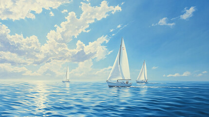 A tranquil ocean scene with sailboats gliding across the water under a clear blue sky.