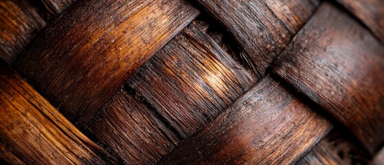 Obraz premium A tight shot of woven fabric reveals a wooden grain pattern at its core, displaying a dark brown hue