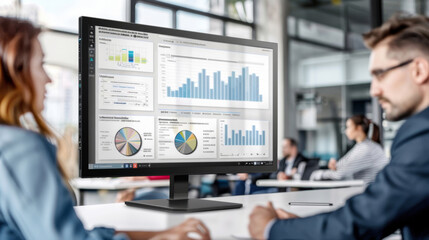 Collaborative Diverse Team Analyzing E-Invoicing on Monitor in Modern Meeting Room