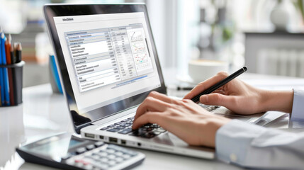 Streamlining Financial Tasks with Online Management - Hands Typing on Laptop with Digital Invoice and Calculator Displayed
