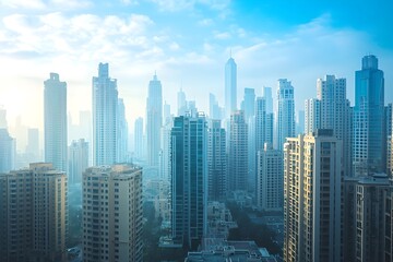 Obraz premium Panoramic View of Towering Cityscape with High Rise Buildings and Urban Landscape