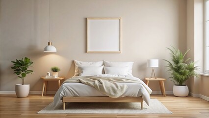 A minimalist bedroom scene features a blank white frame hung neatly on a light-colored wall, awaiting a treasured memory or artwork to be added.