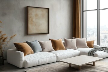 Minimalist, contemporary Scandinavian interiors in the living room with art frames hanging on the wall and sofas. Generative AI
