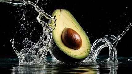 Fresh avocado and clean water splash, black panorama background