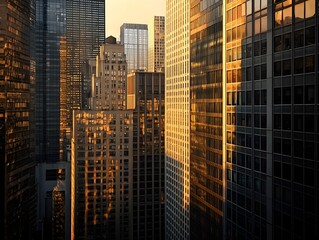 Obraz premium Serene City Skyline at Dawn with Towering Skyscrapers Casting Long Shadows Across the Metropolis