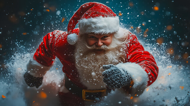 A man dressed as Santa Claus is running through the snow. The image has a festive and playful mood, as it captures the joy and excitement of the holiday season