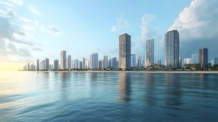 Fototapeta premium Impressive Coastal Cityscape with Majestic Towering Skyscrapers and Serene Ocean Backdrop