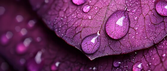  A tight shot of a purple leaf, adorned with water droplets on its surface At the image's heart lies a heart-shaped leaf imprint