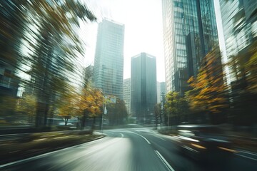 Obraz premium Blurred View of Towering Skyscrapers from a Moving Car in the City