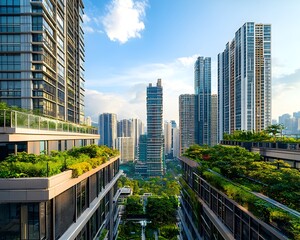 Fototapeta premium Towering Skyscrapers with Lush Rooftop Gardens Blending Nature and Modern Urban Living