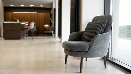 Modern armchair standing in empty hotel lobby
