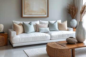 Minimalist, contemporary Scandinavian interiors in living rooms with walls and sofas with art frames hanging. Generative AI
