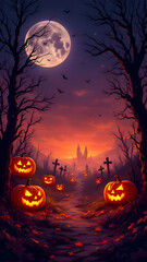 Fototapeta premium A path leads through a dark forest with glowing jackolanterns, leading to a spooky castle in the distance under a full moon.