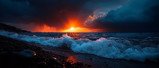 Fototapeta premium waves crash on the shore; dark clouds loom above, shrouding the water