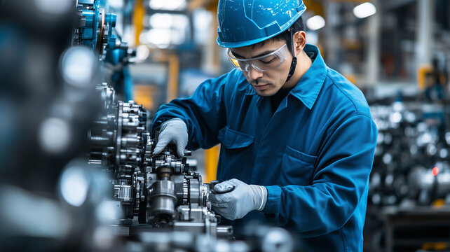 エンジンを組み立てる作業員