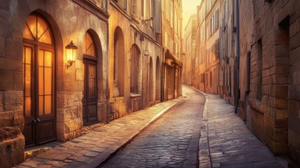 Obraz premium Serene Twilight in a Historic Cobblestone Street