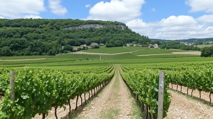 Fototapeta premium Lush Vineyard Landscape Under Blue Sky