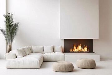 Fototapeta premium Modern Minimalist Living Room with Fireplace and White Sofa