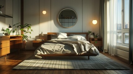 A cozy urban loft Scandinavian bedroom with a double bed, a minimalist headboard