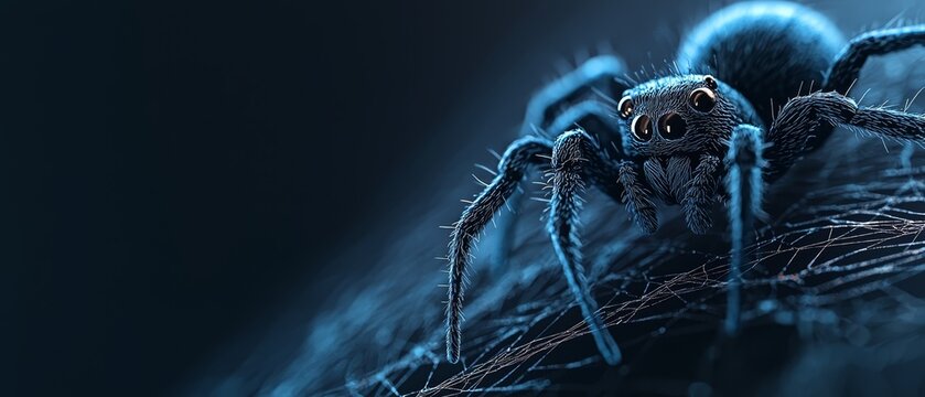  A tight shot of a blue spider against a black backdrop, its legs subtly blurred