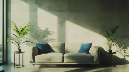 A minimalist living room with a grey sofa, two plants, and two blue cushions. Sunlight shines through a window, casting shadows on the concrete wall.